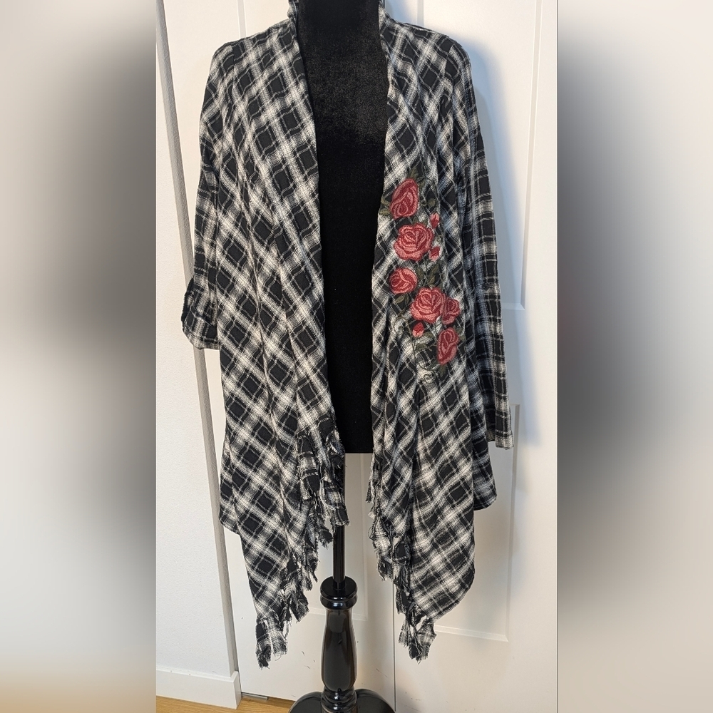 Mytree Size M Plaid Shawl Cardigan Fringe Bottom Jacket Floral Embroidered Boho